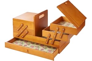 SEWING-ONLINE Caja de almacenamiento de madera para costura en voladizo, 45 x 23,5 x 28 cm, madera teñida con interior de diseño de capullo de rosa de Sewing Online