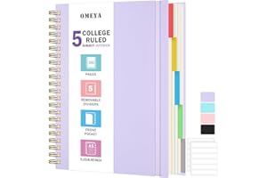 OMEYA A5 Notebook, Lined Notebook with Removable Dividers, 300 Pages 100GSM Thick Notepad, Waterproof & Small Spiral Journal Notebook for Women Men, Subject Notebooks for Work Office School, 15.8 x 21.5cm