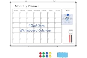 DOLLAR BOSS Lavagna bianca con calendario mensile, 40 x 60 cm, lavagna magnetica da parete, cancellabile a secco, lavagna bianca per pianificare cucina, scuola, casa, ufficio
