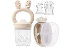 ILEYLUY 2 Packs Silicone Baby Fruit Feeder with Freezer Nibble Tray Combo, Baby Fresh & Frozen Food Feeder Popsicle Molds Includes Extra Food Pouches (Beige)
