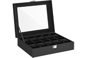 SONGMICS Pudełko na zegarek z 10 przegródkami, koperta na zegarek, szklana pokrywa, koperta na zegarek, wyjmowane poduszki na zegarek, metalowe zapięcie