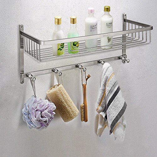 homeideas 2-in-1-Extrem Fest & rostfrei rechteckig Badewanne und Dusche Regal Korb, Wand montiert Badezimmer Bad Caddy/Aufbewahrung mit 5 Handtuchhalter Haken Kleiderbügel, gebürstet, SUS304 Edelstahl, Edelstahl, Silber, C-Rectangular(2-in-1) - 4