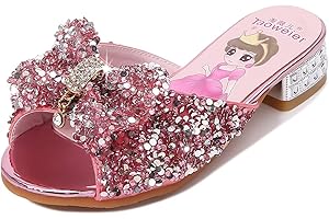 Monissy Princesse Fille Chaussures à Talon Haut Pantoufle Argenté Paillette Noeud Elsa Badge Semelle Elsa Imprimé Reine des Neiges Sandale Bouche de Poisson Noël Halloween, Rose, 28