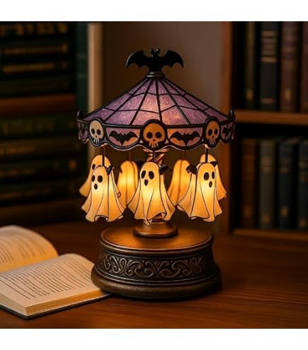 Geisterkarussell-Lampe Halloween – USB-aufladbar, 19x11 Cm, Lila Buntglas & Kupfer, Nicht Drehbar
