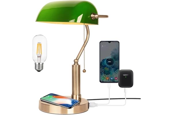 FIRVRE Lampe de Bureau Banquier avec Ampoule LED, Lampe de Bureau Vintage avec Sans fil Rechargeable et 2 Ports de Charge USB, pour Bureaux Bibliothèques Salles D'études et Chambres à Coucher