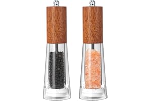 Haomacro Manual Pepper and Salt Mill, Wooden Adjustable Pepper Grinder Spice Shaker for Professional and Home Kitchen Use, Set of 2 Spice Grinders, Updated 7 inches in Height