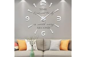 Vangold Nowoczesny Mute DIY Bezramowy Duży Zegar Ścienny 3D Naklejka lustrzana Metal Duże zegarki Home Office Dekoracje (Srebrny-73)