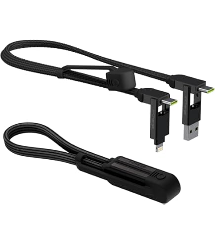 Rolling Square inCharge XL Pocket - Kabel USB Type-C 6-in-1, Universele Lightning-oplaadkabel, USB-C, USB-A en Micro-USB, 100 W Ultrasnel Opladen, Hightech Gadget, 15 cm, Zwart en Lime