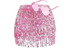 YIZHIXIANGQ Faldas con Flecos de Lentejuelas, Falda De Lentejuelas para Mujer, Falda De Cadera para Danza del Vientre con Gafas Corazon, Lentejuelas de la Borla Bufanda de la Cadera