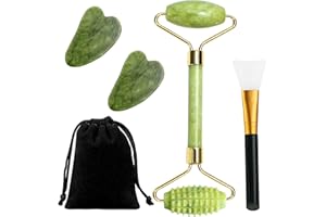 KBJUH Rullo di Giada e Gua Sha Set da 5 pezzi Roller viso e Pietra Gua Sha Autentica e Durevole rullo di giada per il viso Naturale per Occhi, Viso, Collo