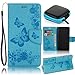 Produktbild Sony Xperia E5 Schutzhülle,Pershoo Sony Xperia E5 Hülle Elegant Blau Drücken Schmetterling Muster Entwurf Tasche Schutzhülle Folio Magnetverschluss Flip Bookstyle Lanyard Folio Cover Case Wallet Taljereep Hülle Handyhülle Ledertasche Lederhülle Hüllen mit Kartenfach und Standfunktion für Sony Xperia E5 with 1 x Earphone Storage Box-Blau