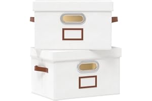 OUTBROS Lot de 2 Boîte de Rangement en Tissu, Caisses Pliables avec Couvercle et Poignées, Paniers Lavable, pour Vêtement, Magazine pour Maison (Blanc, 33 x 23 x 20 cm)