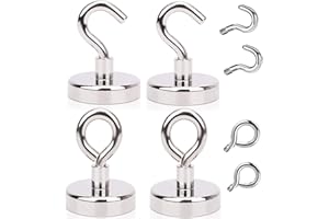 YADODO Crochet Magnétique Puissant 68kg 42mm Crochet Aimanté Magnetique Frigo Blanc Néodyme Aimant Crochet Magnétique avec Crochets à Tasse et Crochets à Boulon à œil pour Cuisine Frigo Torchon Tableau 4PCS