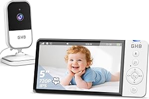 GHB Baby Monitor with Camera and Night Vision 5'' 720P HD Video Baby Monitor Camera IPS Screen, VOX Mode, 2-Way Audio, Temperature Alert, 8 Lullabies, No App or Wi-Fi Needed
