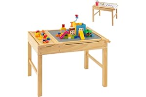 ‎COSTWAY COSTWAY 2 in 1 Kindertisch mit umkehrbarer Tischplatte, Spieltisch aus Kiefernholz mit Stauraum, Seiternstange & Papierrolle, Aktivitätstisch Legotisch für Kinder ab 3 Jahre (Natur)