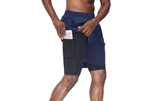 HMIYA Herren 2 in 1 Shorts Fitness Sporthose Kurz Jogginghose Schnelltrocknende Laufhose mit Kompressionsshorts und Taschen Reißverschlussfach
