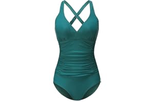 F FLYRONG Women's Swimming Costume Ruched Tummy Control Swimwear V Neck One Piece Cross Strap Swimsuit, UK 12-14, Black