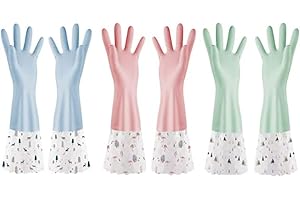 ELECDON Rubber Cleaning Gloves, Reusable Waterproof Household Kitchen Dishwashing Glove, Long Sleeves, Kitchen Cleaning, Food Handling, Working, Painting, Gardening, Pet Care, Large (3 Pairs)