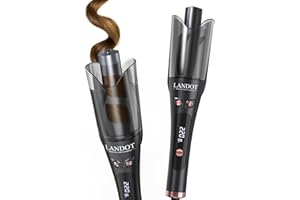 LANDOT Hair Curler Automatic Rotating: 2-Way Curling Wand with Anti-Scald Guard & Tangle-Free Technology, 8 Heat Settings & Dual Voltage for Salon Curls at Home, Ideal for Beginners - Classic Black