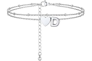 PROSTEEL Tobilleras Pulseras Mujer Plata Doble Capas con Corazón Inicial Letra A-Z Pulsera de Tobillo Acero Inoxidable Joyas de Mujer Chica para Verano Playa 22cm+5cm