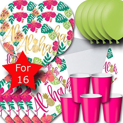 Aloha Party Pack for 16 - Plates, Cups, Napkins, Balloons and Tablecovers