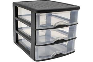 CABLEPELADO Torre de almacenamiento con 3 cajones sobremesa, Organizador de escritorio, Caja de almacenamiento de escritorio,18 cm alto x 17.7 cm ancho x 21.5 cm fondo, Negro y cajones transparentes