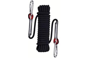 Wolike 10 Meters Length Professional Climbing Rope Rappelling Abseiling Rope Outdoor Excursions Accessories 12mm Diameter 12KN Escape High Resistance Rope With Two Carabiners（Black，10m）