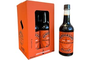 Henderson's Relish. Une alternative à la sauce Worcestershire. Une sauce épicée sans gluten. Ingrédients à base de plantes. Convient aux végétaliens/végétariens. Bouteilles de 4 x 284 ml.