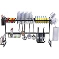 LEMOZO Dish Drying Rack Over Sink Display Stand Drainer Stainless Steel Kitchen Supplies Storage Shelf Utensils Holder (Black)