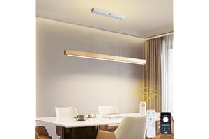 ‎PINRUTAR Drewno Oświetlenie Wiszące LED Stołów Jadalnych, Kuchni, Ściemnialne Lampa Wisząca Zdalne Sterowanie I App Nowoczesny Design, Regulowana Temperatura Kolorów, Jasność I Wysokość,L120CM/48W