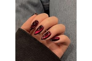 Dark Red Glitter False Nails Almond, SXVME Cat Eye Press on Nails Medium Stiletto, Sparkly Shiny Fake Nails Press ons Burgundy, Goth Bling Stick on Nails for Women Christmas Holiday, 30 Pcs
