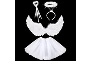 Vamei Alas de Ángel Grandes para Niños con Diadema, Aureola, Varita, Ala Blanca y Falda Tutú - Disfraz para Cosplay, Carnaval, Halloween (60/65CM)
