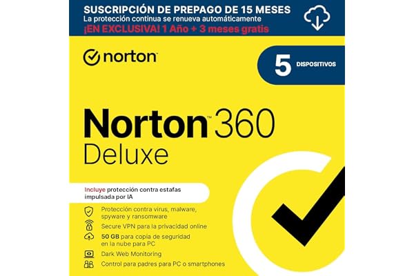 Norton 360 Deluxe 2025 |Antivirus 5 Dispositivos|15 meses con renovación automática| Descarga digital