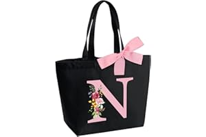 HAMATATA Borsa Tote Bag con Iniziale, Borsa Shopper con Papillon, Borsa Donna Personalizzata con Nome, Regali per Donna, Amica, Sposa Damigella D'onore, Mamma, Compleanno, Nozze, Natale, San Valentino
