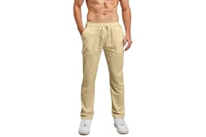 Lanckeli Pantaloni Lino Uomo Estivi Pantaloni da Yoga da Spiaggia con Coulisse, Pantaloni Lunghi Casual Allentati e Leggeri.
