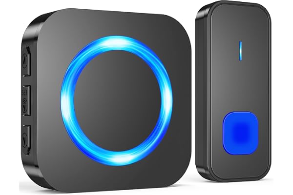 SURFOU Sonnette sans fil Extérieur Étanche, 400M Sonnette Longue Portée Carillon Electronique Kit avec Récepteurs, 55 Mélodies au 5 Niveaux Volumes pour Maison, Indicateur LED Bleu, Noir