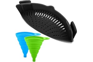 Silicone Snap Strainer with 2 Collapsible Funnels, FineGood Hands-Free Clip-on Heat Resistant Colander Pour Spout for Pasta Vegetable Noodles Pot Bowl Pan - Black