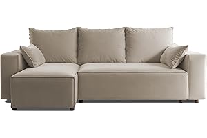 4ALL HOME Ecksofa mit Schlaffunktion Tobi 246x145 cm - Couch - Sofa mit Bettkasten - Eckcouch - L-Form - Schlaffsofa - Schlafsofa mit Bettkasten - Universal (Velo 622 Beige)