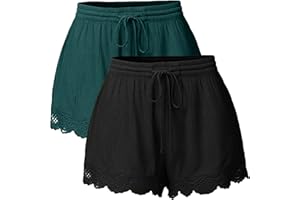 BLINGKO Femme Lot of 2PC Short Ete Ourlet Froncé en Dentelle Court Short Ete éLéGant Et Chic Short Bermuda Pantalons Court Taille Haute Yoga Sport Pants Grande Taille Pas Cher Shorts De Plage avce Cordon