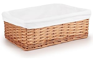 Woodluv Brown Wicker Storage Basket W/Off White Cloth Lining Xmas Hamper - Large