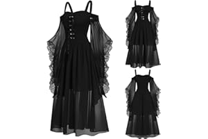 Ewleguzka Halloween Dresses for Women Vintage Flared Sleeve Chiffon Mesh Ruffle Maxi Dress Cold Shoulder Drawstring Corset Party Medieval Costumes Elegant Evening Party