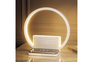 RETEYUNG Lampe de chevet tactile avec fonction de recharge,Chargeur Sans Fil Qi 10w,Réveil avec lumière de réveil,10 Sons Apaisants,3 niveaux de luminosité pour la chambre à coucher,le salon.