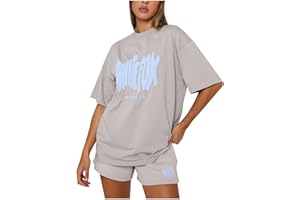 XeonZKne Women White Fox Tracksuit Sets Short Sleeve T-shirt and Shorts Summer 2 Piece Outfits Y2K Oversized Tops Streetwear