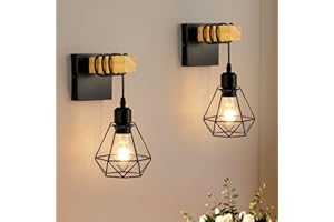 WILON Wall Lights Indoor 2-Pack, Vintage Wood Wall Lamp Black, E27 Wall Sconce Lights, Industrial Wall Mounted Lights Fittings, Rustic Wall Lighting Fixtures Living Room Bedrooms Hallway
