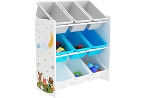 PALAKLOT Divan Children's Toy Storage Unit - Toy Box Organiser With Bookshelf and Non-woven Fabric or Plastic Removable Bin Large Cabinet Rack (Toy Organiser with 9 Plastic Bins)