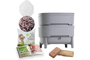 MOUTTA WORMcube Grau Design & Compact I 2-Etagen-Wurmkomposter I 250 gr Kompostwürmer / 500 STK. I Komplett-Set I Stoppfilter zum Ertrinken von Würmern