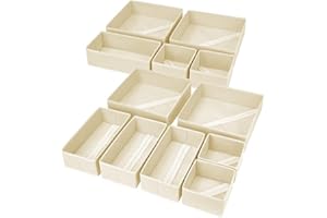 Homsorout 12 Stück Schrank Organizer Schubladen Organizer, Faltbare Aufbewahrungsbox Stoff, Unterwäsche Organizer, Organizer Kleiderschrank für Kleidung, Socken, Beige