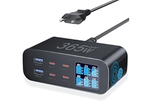 365W Caricatore USB C Multiplo con Schermo LED, YSYFAD 6 Porte Stazione di Ricarica GAN Fast PD Caricatore USBC 100W QC USBA caricabatterie per Macbook laptop usb i Phone Pad Watch Galaxy, Nero
