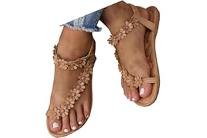 Hsternexy Sandalen Damen Sommer Flach Bequem Römer Zehentrenner Weite Sandaletten Elegant Boho Strand Riemchensandalen Flip Flops Breite Füße Leder Orthopädische Slipper mit Blumen Pantoletten