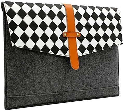 Sinoguo Gray Felt and Real Leather with Black and White Grid and 2 Pockets Carrying Bag Case Sleeve Pouch Protector Holder for 15" Macbook Pro / Macbook Pro with Retina Display and Most Popular 15 Inches Laptop / Notebook / Ultrabook /Netbook